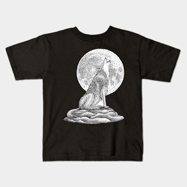 Wolf Full Moon Drawn Moon Lone Howl Wild Kids T-Shirt by Onceer
